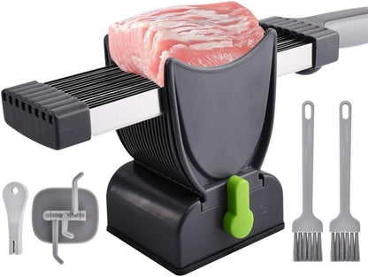 17-in-1 Fresh Meat Slicer & Cleaver Set, Stainless Steel Adjustable Thickness 2mm/4mm, Manual Meat Cutter for Slicing, Stripes & Dicing, 17 Blades for Home Cooking BBQ Hot Pot (Grey)