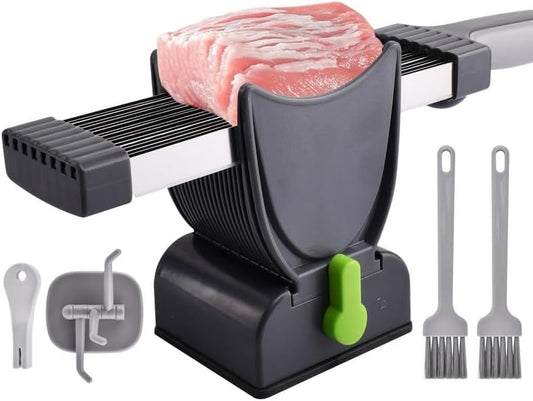 17-in-1 Fresh Meat Slicer & Cleaver Set, Stainless Steel Adjustable Thickness 2mm/4mm, Manual Meat Cutter for Slicing, Stripes & Dicing, 17 Blades for Home Cooking BBQ Hot Pot (Grey)
