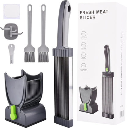 17-in-1 Fresh Meat Slicer & Cleaver Set, Stainless Steel Adjustable Thickness 2mm/4mm, Manual Meat Cutter for Slicing, Stripes & Dicing, 17 Blades for Home Cooking BBQ Hot Pot (Grey)