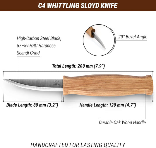 Wood Carving Knife C4 3.14" Whittling Sloyd Knife for Roughing - Spoon Carving Tools for Beginner to Pro Carver - Whittling Knives for Woodworking