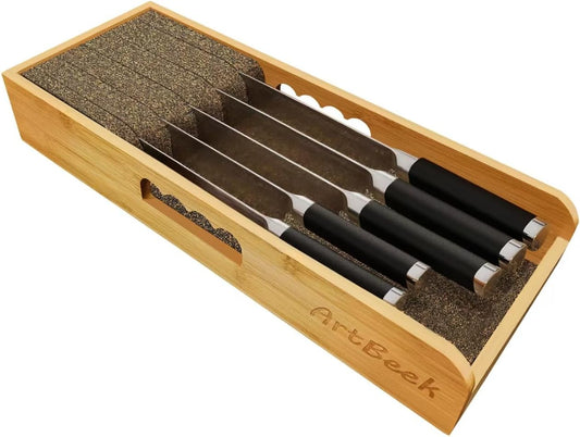 Knife Drawer Organizer Bamboo Insert Dock, 15'' Kitchen Steak Knives Holder Organizers Block for Drawer in Storage Organization