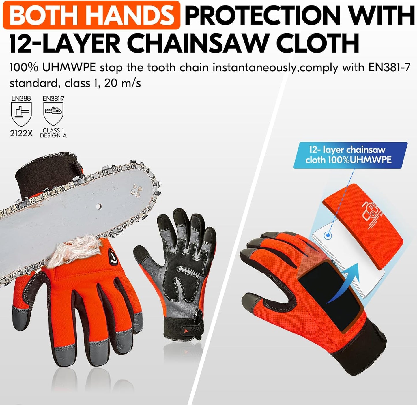 ... Chainsaw Cut Resistant Gloves,Level A5,12-Layer Protection on Both Hands Back,Cow Leather
