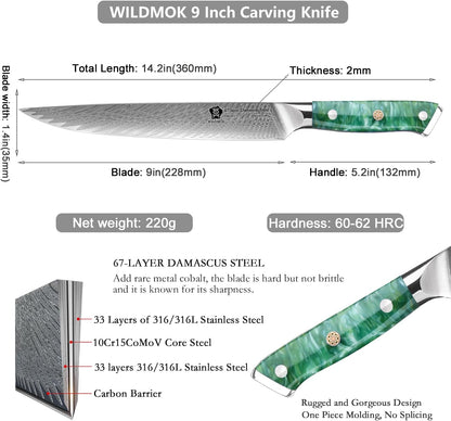 Carving Knife, 9 inch Slicing Knife, brisket knife & BBQ Knife, Forged from Japanese Damascus Super Steel meat carving knife, Full Tang Resin handle with Gift Box