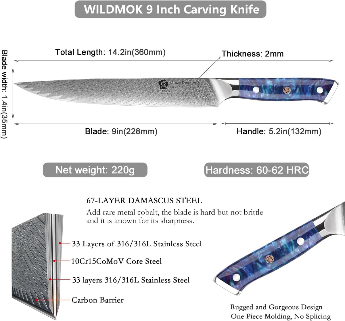 Carving Knife, 9 inch Slicing Knife, brisket knife & BBQ Knife, Forged from Japanese Damascus Super Steel meat carving knife, Full Tang Resin handle with Gift Box