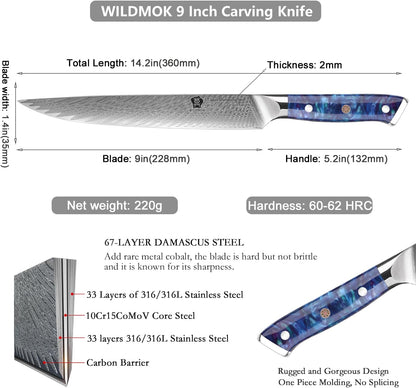 Carving Knife, 9 inch Slicing Knife, brisket knife & BBQ Knife, Forged from Japanese Damascus Super Steel meat carving knife, Full Tang Resin handle with Gift Box