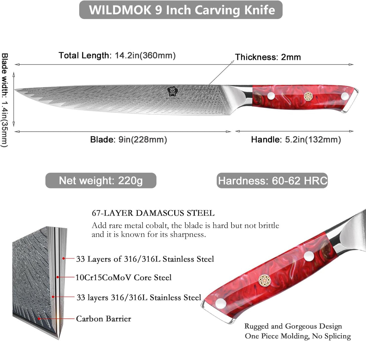 Carving Knife, 9 inch Slicing Knife, brisket knife & BBQ Knife, Forged from Japanese Damascus Super Steel meat carving knife, Full Tang Resin handle with Gift Box