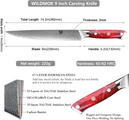 Carving Knife, 9 inch Slicing Knife, brisket knife & BBQ Knife, Forged from Japanese Damascus Super Steel meat carving knife, Full Tang Resin handle with Gift Box