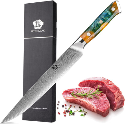 Carving Knife, 9 inch Slicing Knife, brisket knife & BBQ Knife, Forged from Japanese Damascus Super Steel meat carving knife, Full Tang Resin handle with Gift Box