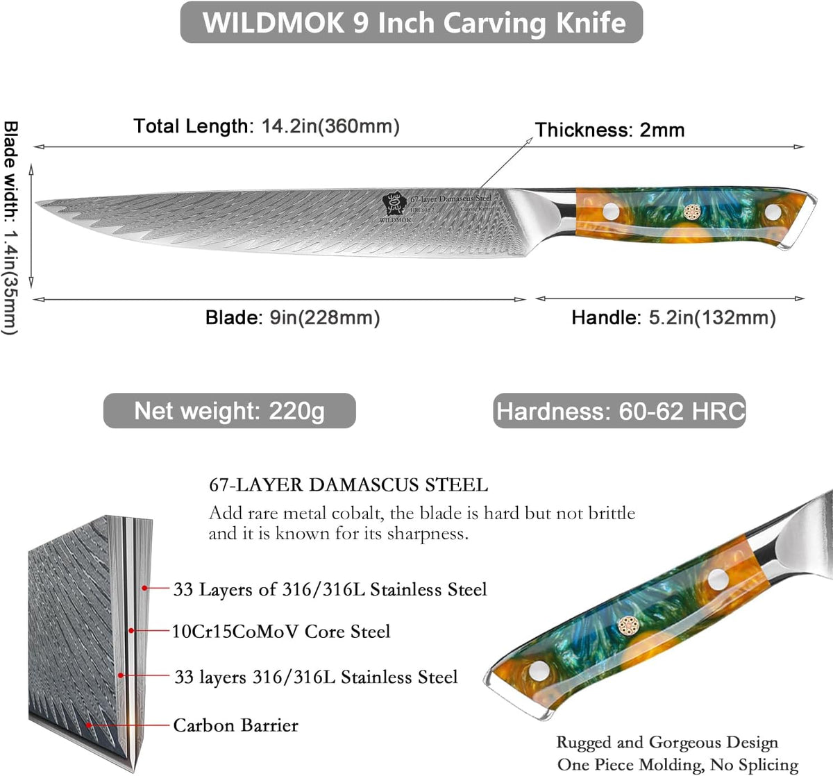Carving Knife, 9 inch Slicing Knife, brisket knife & BBQ Knife, Forged from Japanese Damascus Super Steel meat carving knife, Full Tang Resin handle with Gift Box