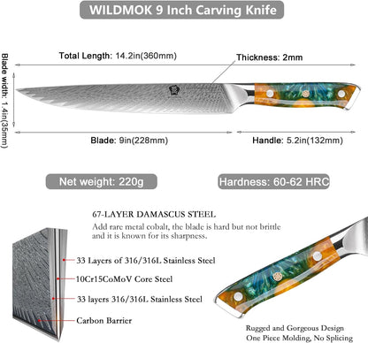 Carving Knife, 9 inch Slicing Knife, brisket knife & BBQ Knife, Forged from Japanese Damascus Super Steel meat carving knife, Full Tang Resin handle with Gift Box
