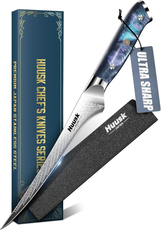 Huusk 7" Fillet Knife for Fish, Boning Knife for Meat, Gift for Chef | Flexible Fish Filleting Knife for Salmon, Ultra Sharp Deboning Knife for Meat Cutting Processing, Stainless Full Tang Blade