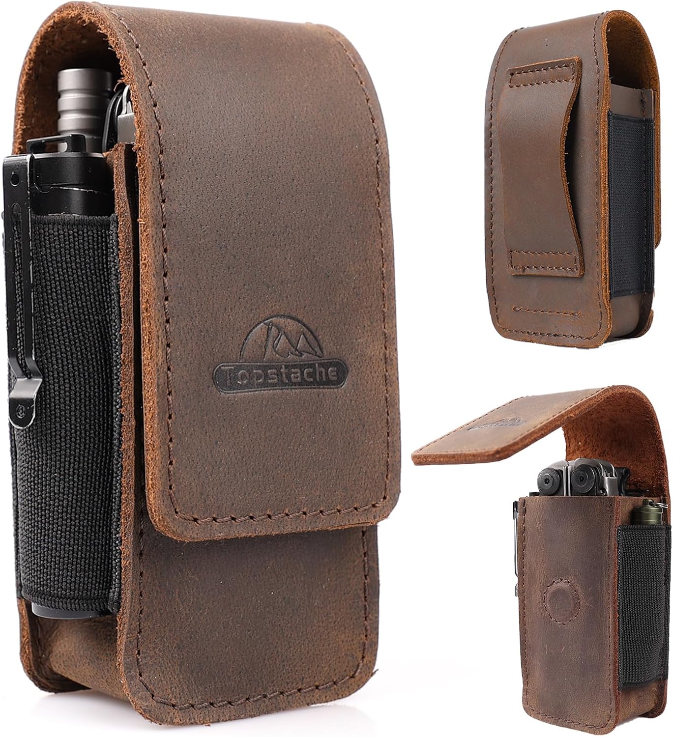Leather Multitool Sheath for Belt - Multitool Holster for Belt - Multitool Pouch Fits Folding Tool - Magnetic Closure EDC Belt Organizer - EDC Belt Pouch - Multitool Holder, DarkBrown