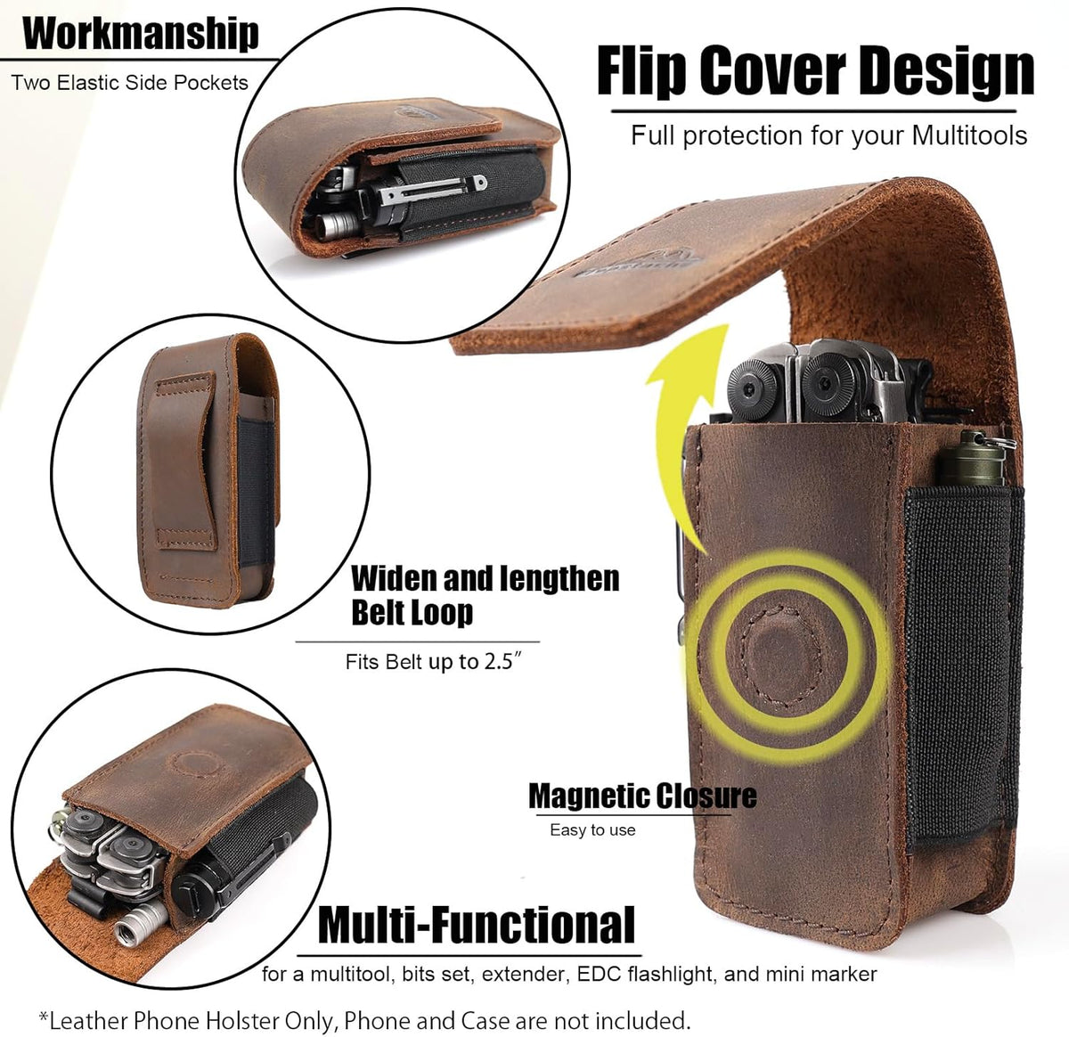 Leather Multitool Sheath for Belt - Multitool Holster for Belt - Multitool Pouch Fits Folding Tool - Magnetic Closure EDC Belt Organizer - EDC Belt Pouch - Multitool Holder, DarkBrown