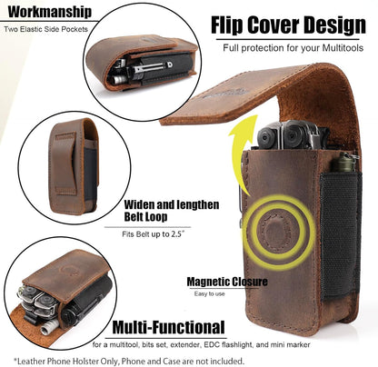 Leather Multitool Sheath for Belt - Multitool Holster for Belt - Multitool Pouch Fits Folding Tool - Magnetic Closure EDC Belt Organizer - EDC Belt Pouch - Multitool Holder, DarkBrown