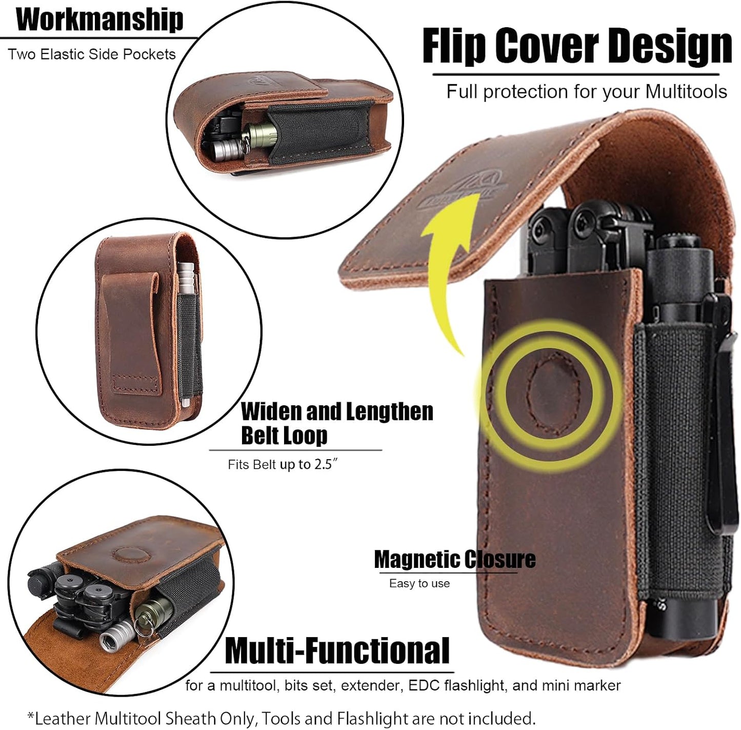 Leather Multitool Sheath for Belt - Multitool Holster for Belt - Multitool Pouch Fits Folding Tool - Magnetic Closure EDC Belt Organizer - EDC Belt Pouch - Multitool Holder, DarkBrown