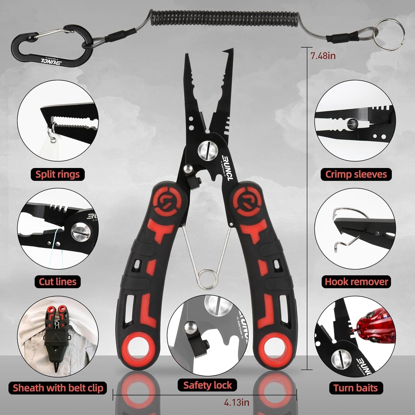 RUNCL 4pc Fishing Tool Kit- Fishing Pliers, Fish Fillet Knife with Sharpener, Fish Lip Gripper, Fishing Braid Scissors, Saltwater Fishing Gear and Equipment with Sheath/Lanyard, Fishing Gifts for Men