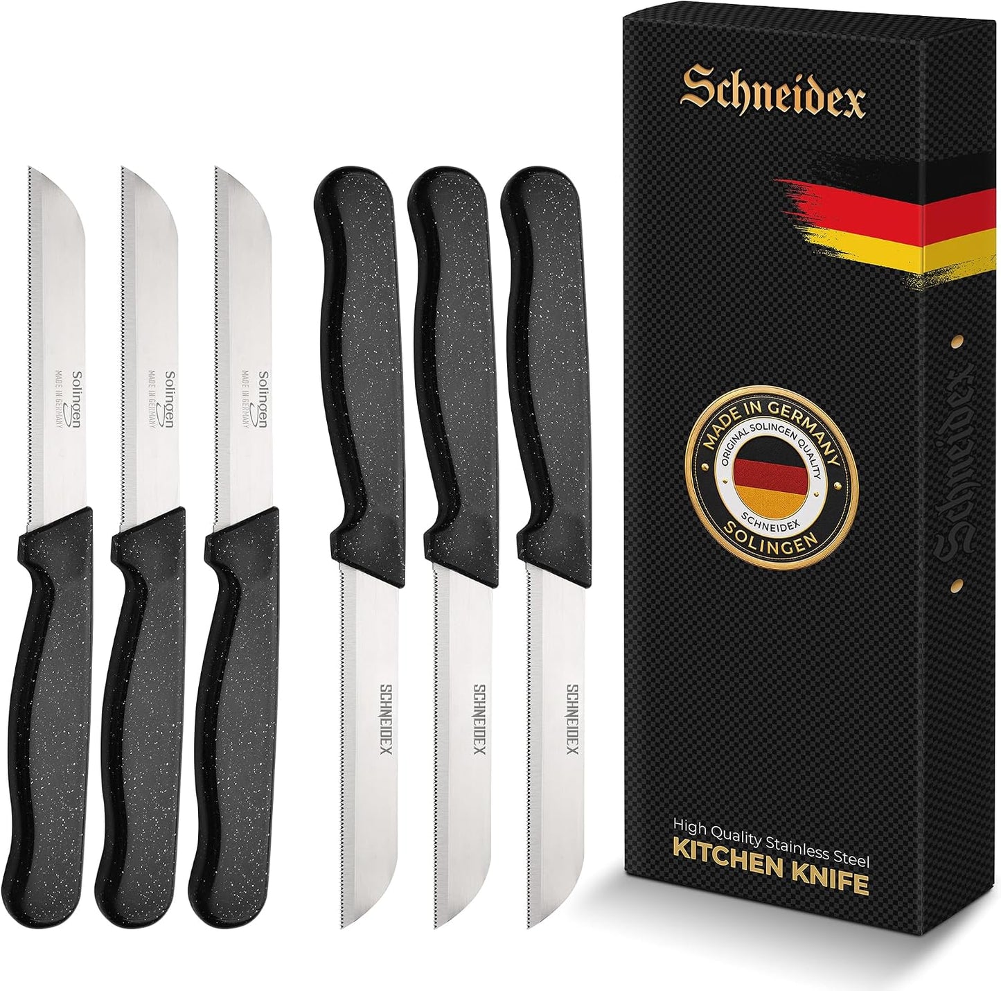 Serrated Paring Knife - Set of 6 Pcs German Solingen Small Knife Set Small Kitchen Paring Fruit Vegetable Tomato Knives Stainless Steel Cutting & Peeling, Black