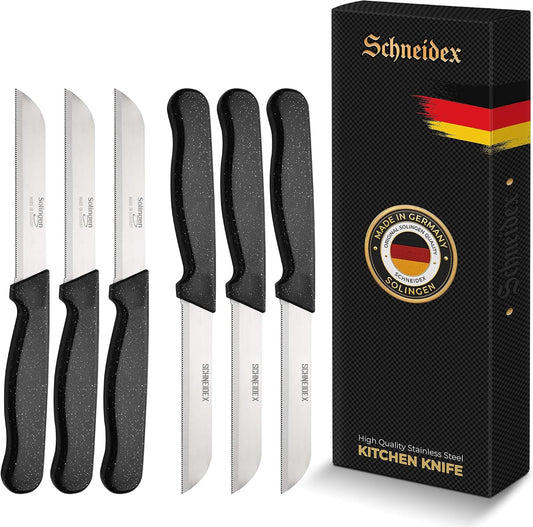 Serrated Paring Knife - Set of 6 Pcs German Solingen Small Knife Set Small Kitchen Paring Fruit Vegetable Tomato Knives Stainless Steel Cutting & Peeling, Black