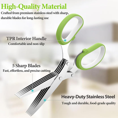 Upgraded Herb Scissors, Herb Shears Cutter Tool, with Sharp Stainless Steel Blades and Cleaning Comb, Must-Have Kitchen & Cooking Gadget, for Cutting Garden Herbs, Cilantro, Green Onion (Green)