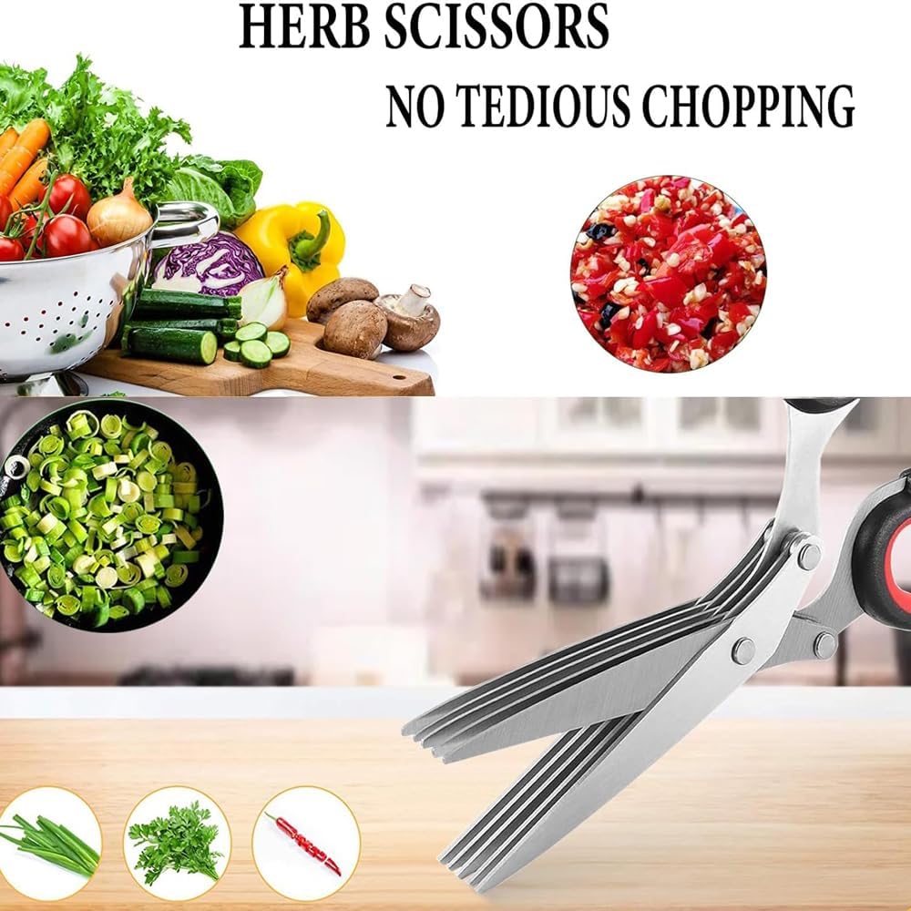 Upgraded Herb Scissors, Herb Shears Cutter Tool, with Sharp Stainless Steel Blades and Cleaning Comb, Must-Have Kitchen & Cooking Gadget, for Cutting Garden Herbs, Cilantro, Green Onion (Green)