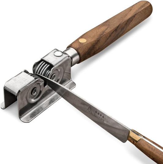Knife Sharpener - Handheld Manual Sharpening Tool for Fixed Blades, Pocketknives, and Kitchen Knives - Blade Sharpener with Rotating Steel Sharpening Discs and Bubinga Handle