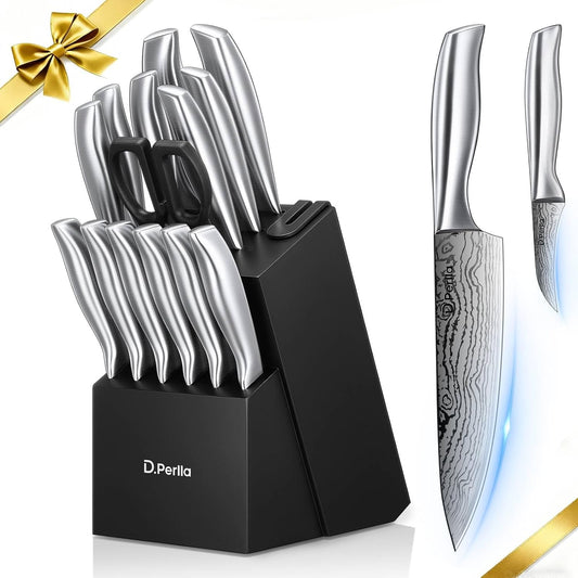 16 PCS Kitchen Knife Set with Block and Sharpener, Ultra Sharp | High Grade Stainless Steel Knife Set, Rust Resistant Knives, Black