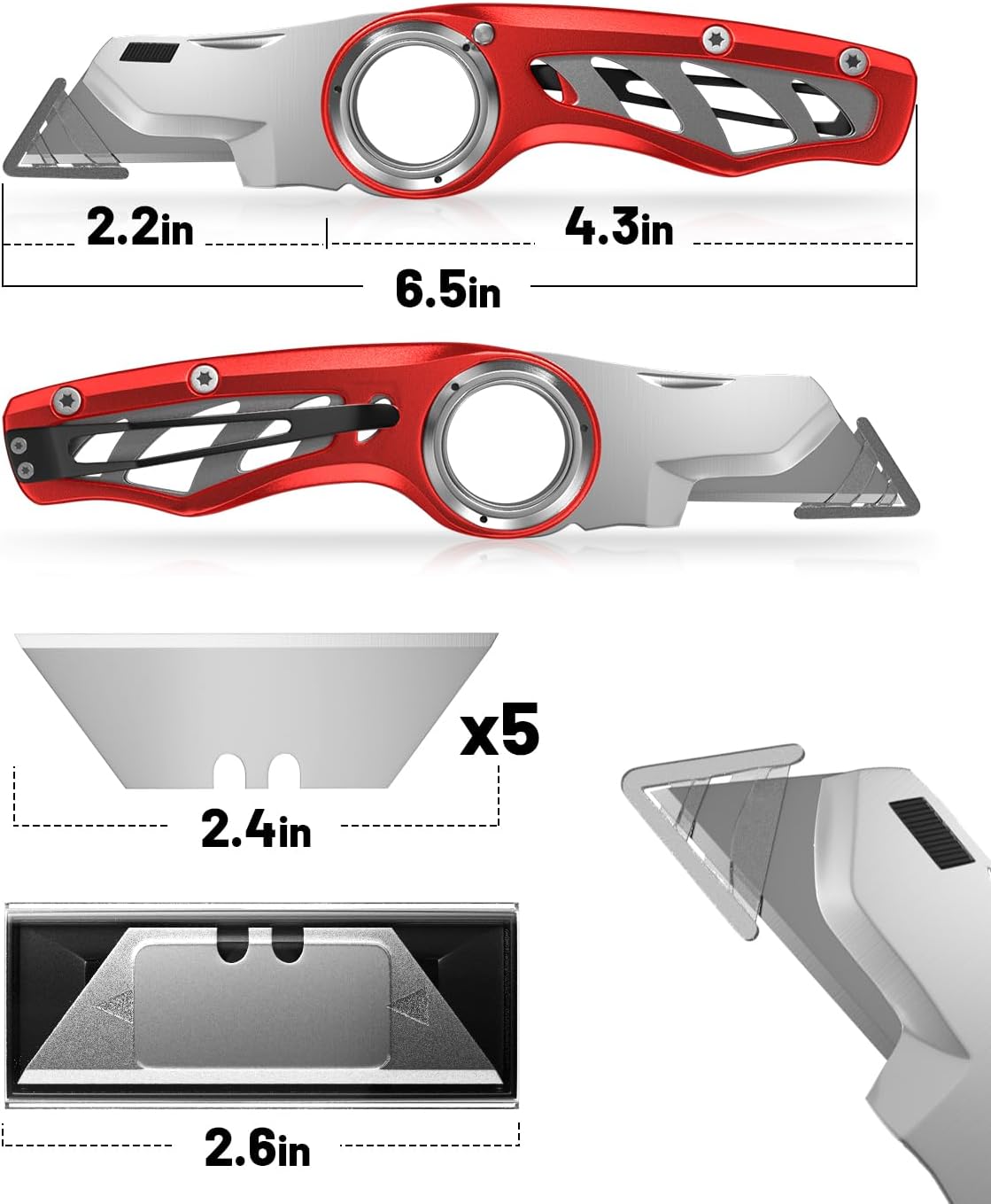 Folding Utility Knife Pocket Knife, Heavy-Duty Box Cutter with Anti Slip Finger Loop, Quick Change Blade Razor Knife, Box Cutters for Home, Office, Warehouse, Durable Razor Knife, Box Knife (Red)