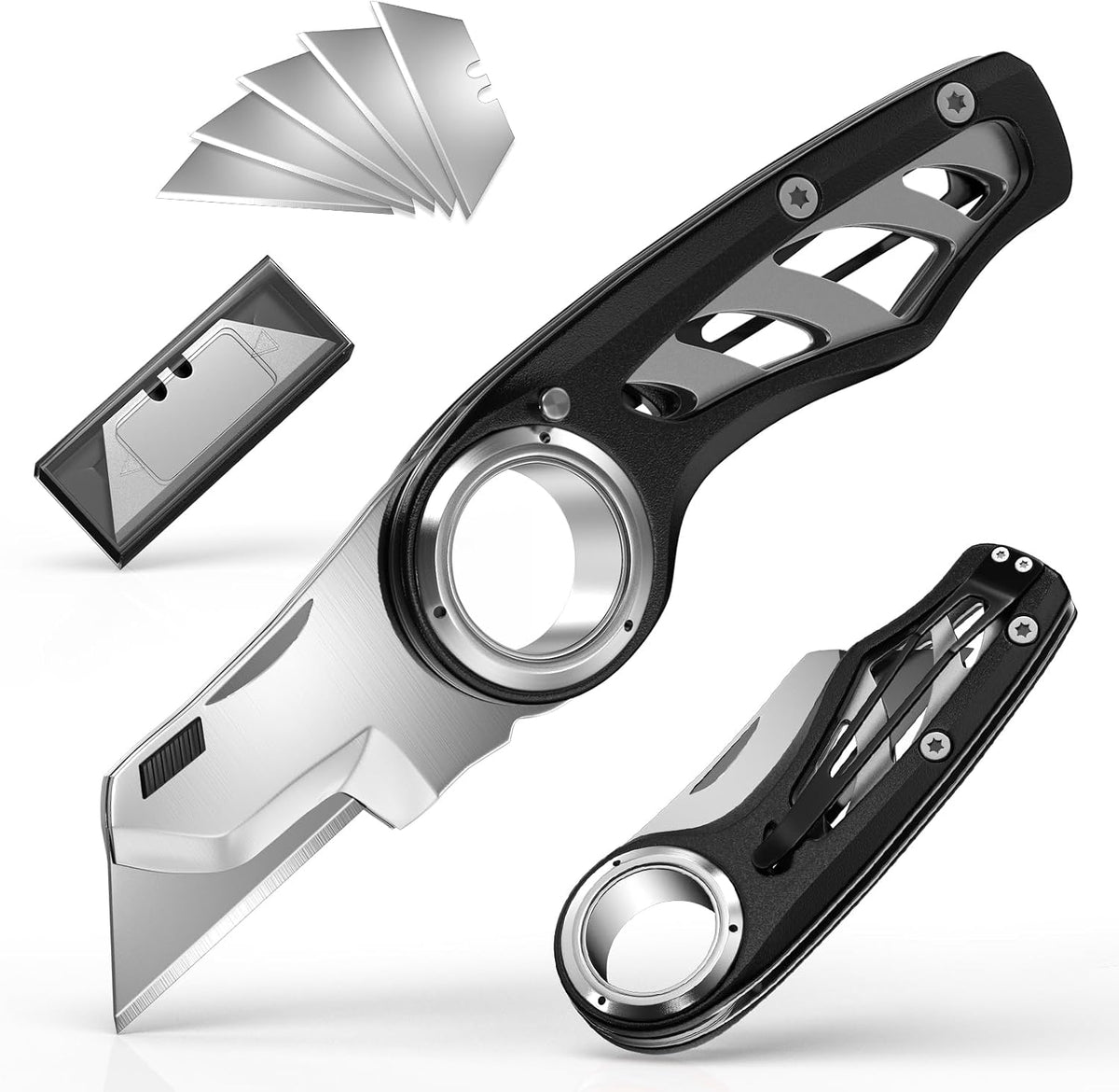Folding Utility Knife Pocket Knife, Heavy-Duty Box Cutter with Anti Slip Finger Loop, Quick Change Blade Razor Knife, Box Cutters for Home, Office, Warehouse, Durable Razor Knife, Box Knife (Red)