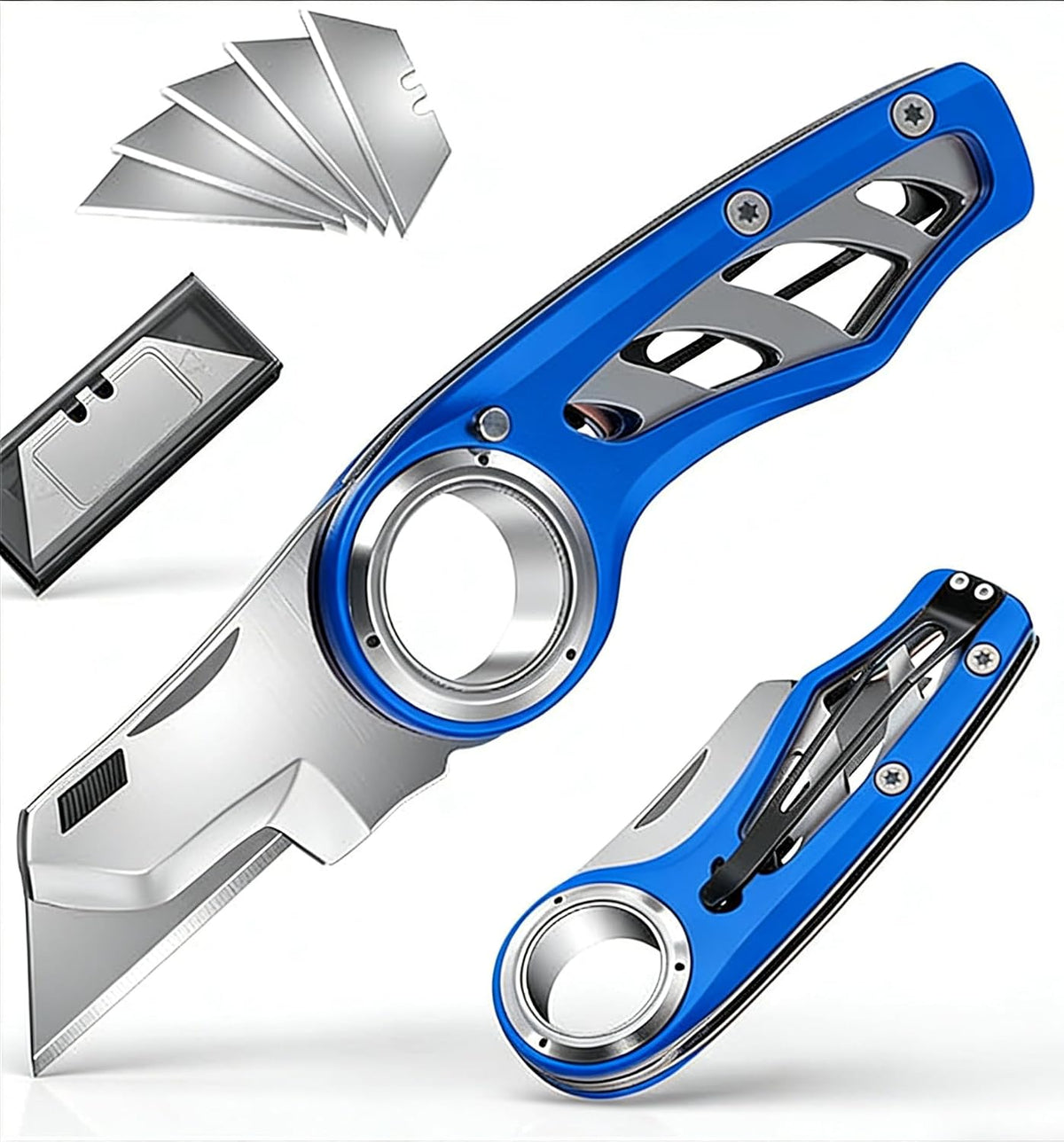 Folding Utility Knife Pocket Knife, Heavy-Duty Box Cutter with Anti Slip Finger Loop, Quick Change Blade Razor Knife, Box Cutters for Home, Office, Warehouse, Durable Razor Knife, Box Knife (Red)