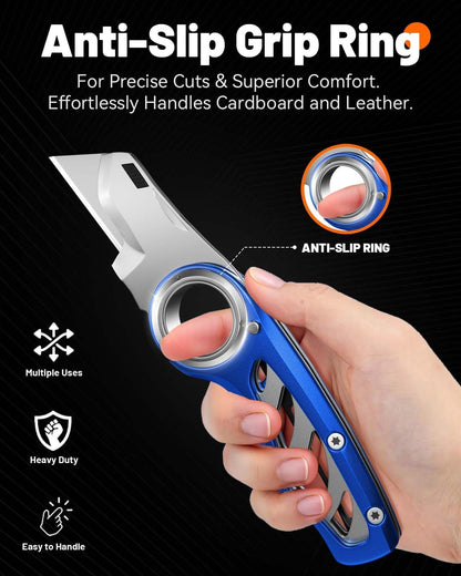 Folding Utility Knife Pocket Knife, Heavy-Duty Box Cutter with Anti Slip Finger Loop, Quick Change Blade Razor Knife, Box Cutters for Home, Office, Warehouse, Durable Razor Knife, Box Knife (Red)
