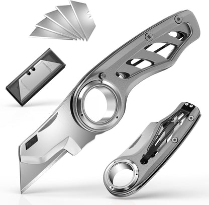 Folding Utility Knife Pocket Knife, Heavy-Duty Box Cutter with Anti Slip Finger Loop, Quick Change Blade Razor Knife, Box Cutters for Home, Office, Warehouse, Durable Razor Knife, Box Knife (Red)