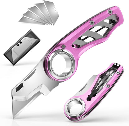 Folding Utility Knife Pocket Knife, Heavy-Duty Box Cutter with Anti Slip Finger Loop, Quick Change Blade Razor Knife, Box Cutters for Home, Office, Warehouse, Durable Razor Knife, Box Knife (Red)