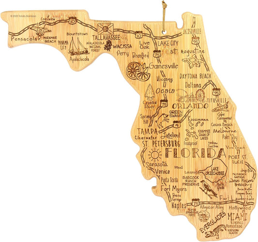 Destination Florida State Shaped Cutting Board | State charcuterie serving board with engraved map artwork. Smooth reverse side for food prep. Hang tie for wall display.