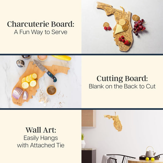 Destination Florida State Shaped Cutting Board | State charcuterie serving board with engraved map artwork. Smooth reverse side for food prep. Hang tie for wall display.