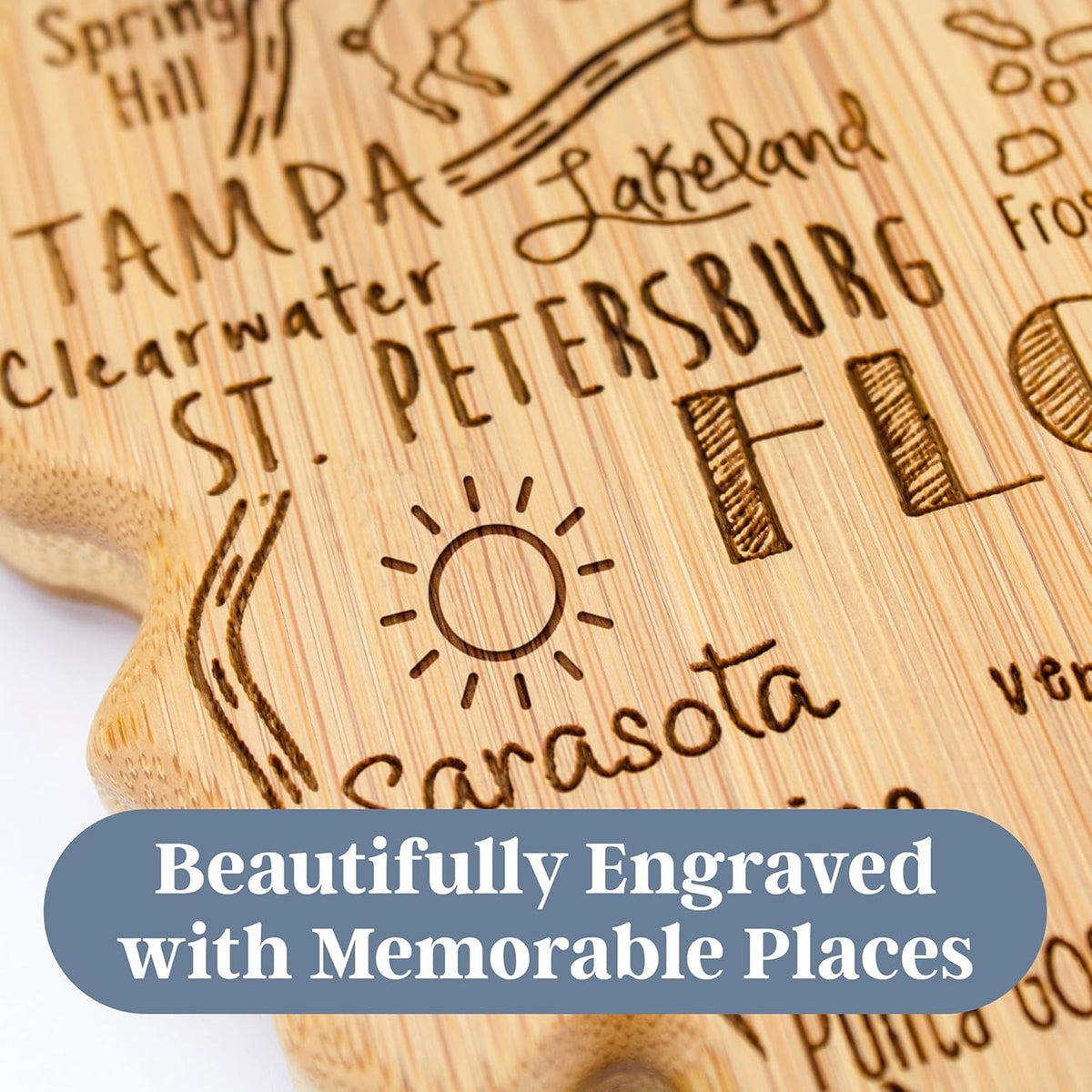 Destination Florida State Shaped Cutting Board | State charcuterie serving board with engraved map artwork. Smooth reverse side for food prep. Hang tie for wall display.