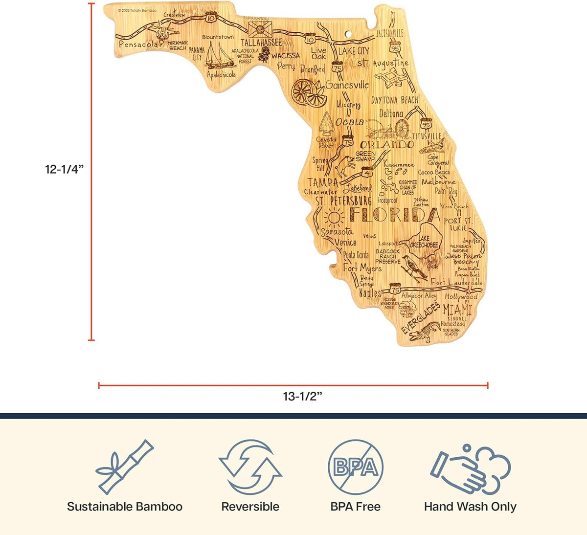 Destination Florida State Shaped Cutting Board | State charcuterie serving board with engraved map artwork. Smooth reverse side for food prep. Hang tie for wall display.