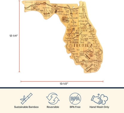 Destination Florida State Shaped Cutting Board | State charcuterie serving board with engraved map artwork. Smooth reverse side for food prep. Hang tie for wall display.