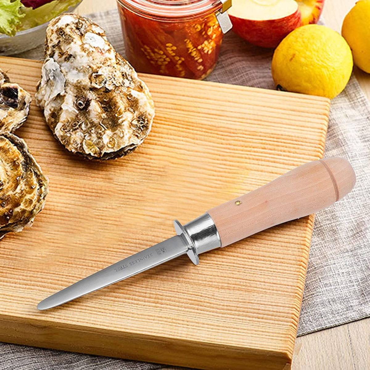 oyster shucking knife,Oyster Shucker Tools, Stainless Steel Oyster Knife with Wood Long Handle, Oyster Knife and Clam Knife Large Labor Saving Oyster Shucking Knife for Seafood