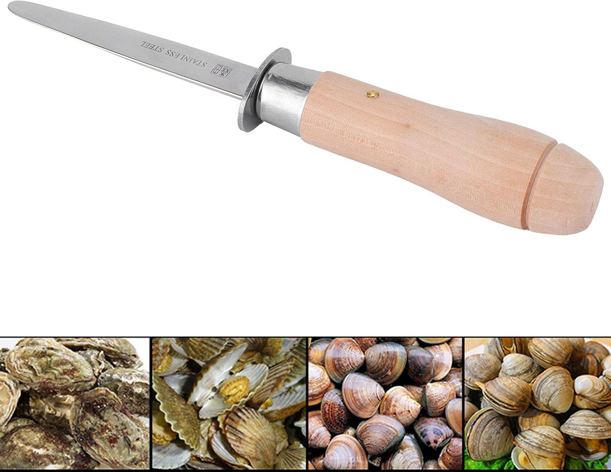 oyster shucking knife,Oyster Shucker Tools, Stainless Steel Oyster Knife with Wood Long Handle, Oyster Knife and Clam Knife Large Labor Saving Oyster Shucking Knife for Seafood
