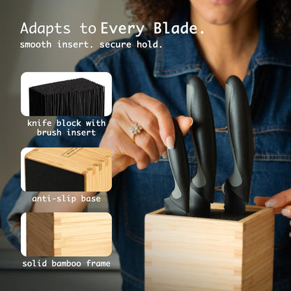 KAIZEN Bamboo Knife Block Without Knives - Perfectly Sized Universal Knife Holder for Knives, Scissors - Unique Knife Storage for Counter Top with Anti-Slip Base (Natural)