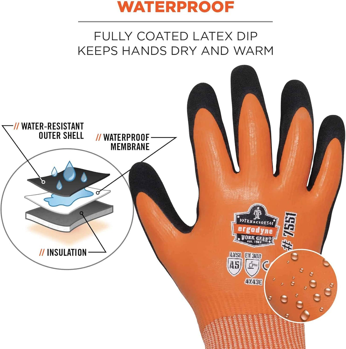 Unisex Proflex 7551 Coated Cut-resistant Winter Work Gloves - Ansi/Isea 105-2016 A5, En 388: 3x43e, Waterproof