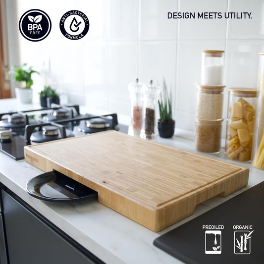 Bamboo Cutting Board, End Grain Butcher Block for Kitchen, Extra Thick 1.7" | 20 x 12.2 Inch (Extra Thick 1.7") Professional, Heavy Duty Hardwood Non Toxic Wooden Chopping Board (Oil & Plate Included)