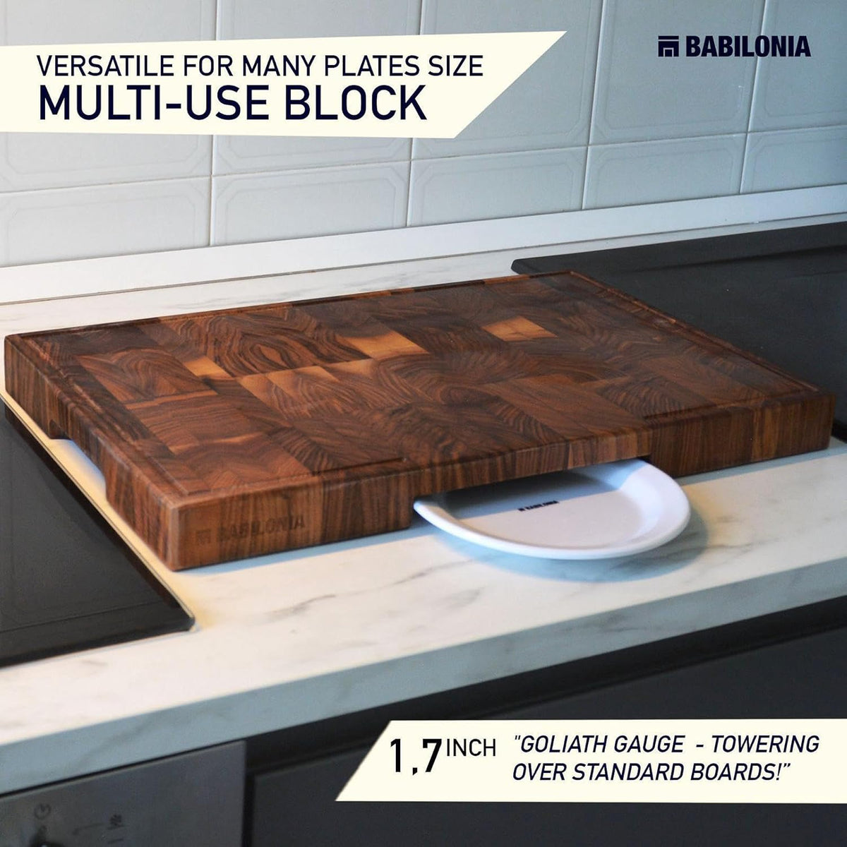 Bamboo Cutting Board, End Grain Butcher Block for Kitchen, Extra Thick 1.7" | 20 x 12.2 Inch (Extra Thick 1.7") Professional, Heavy Duty Hardwood Non Toxic Wooden Chopping Board (Oil & Plate Included)