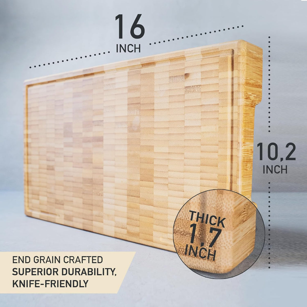 Bamboo Cutting Board, End Grain Butcher Block for Kitchen, Extra Thick 1.7" | 20 x 12.2 Inch (Extra Thick 1.7") Professional, Heavy Duty Hardwood Non Toxic Wooden Chopping Board (Oil & Plate Included)