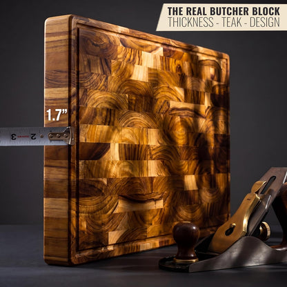Bamboo Cutting Board, End Grain Butcher Block for Kitchen, Extra Thick 1.7" | 20 x 12.2 Inch (Extra Thick 1.7") Professional, Heavy Duty Hardwood Non Toxic Wooden Chopping Board (Oil & Plate Included)