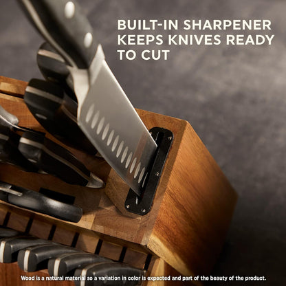 Insignia Triple Rivet Poly (18-PC) Kitchen Knife Block Set With Wooden Block & Built-In Sharpener, Black Ergonomic Handles and Sharp Stainless Steel Professional Chef Knife Set