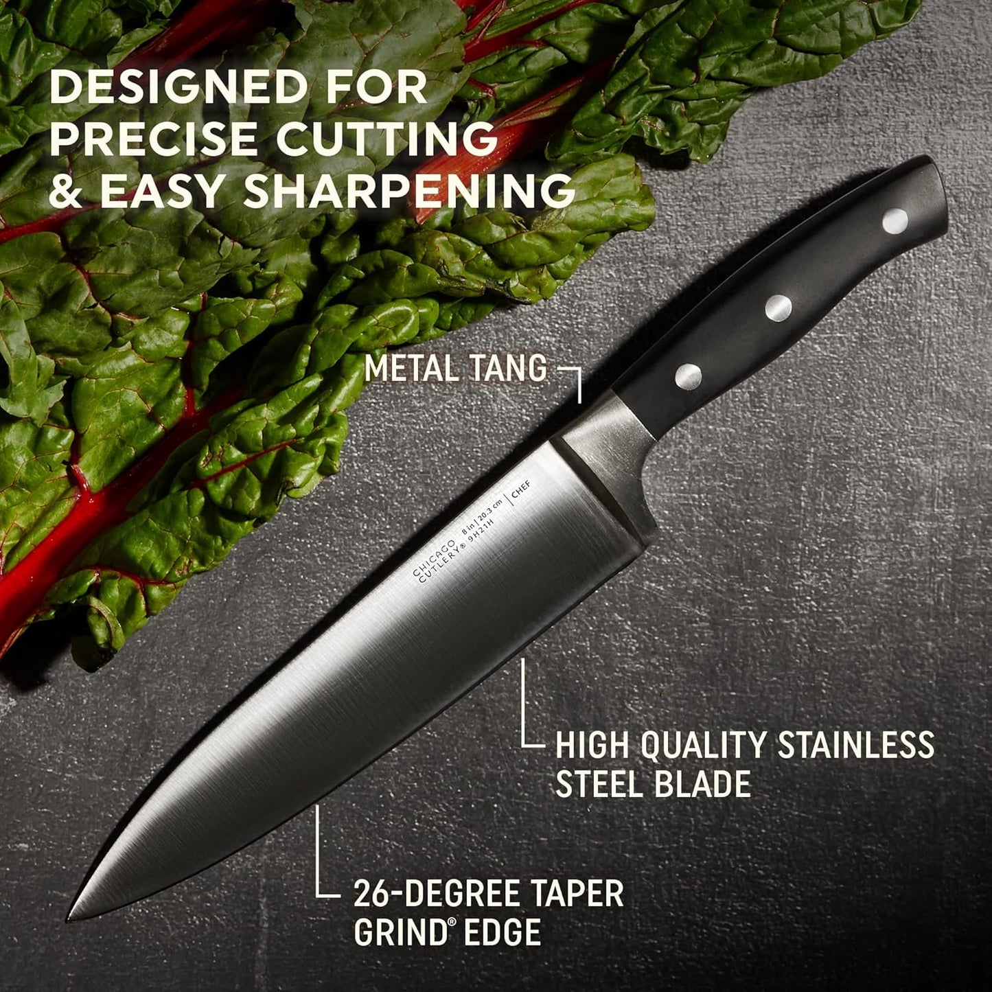 Insignia Triple Rivet Poly (18-PC) Kitchen Knife Block Set With Wooden Block & Built-In Sharpener, Black Ergonomic Handles and Sharp Stainless Steel Professional Chef Knife Set