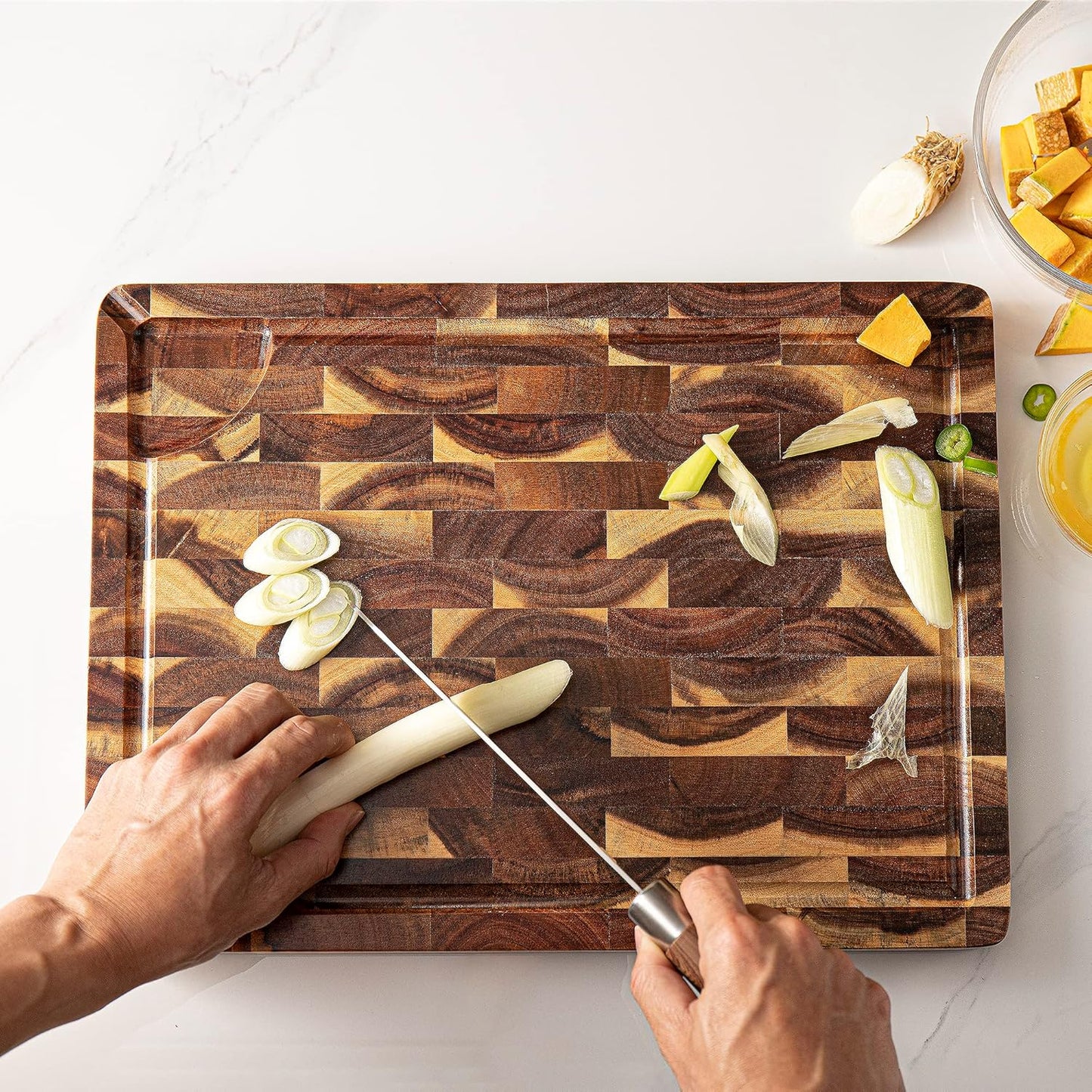 End Grain Butcher Block 15"x11", Premium Acacia Wood Cutting Board with Juice Groove, Medium Chopping Board for Kitchen, 1.2" Thick