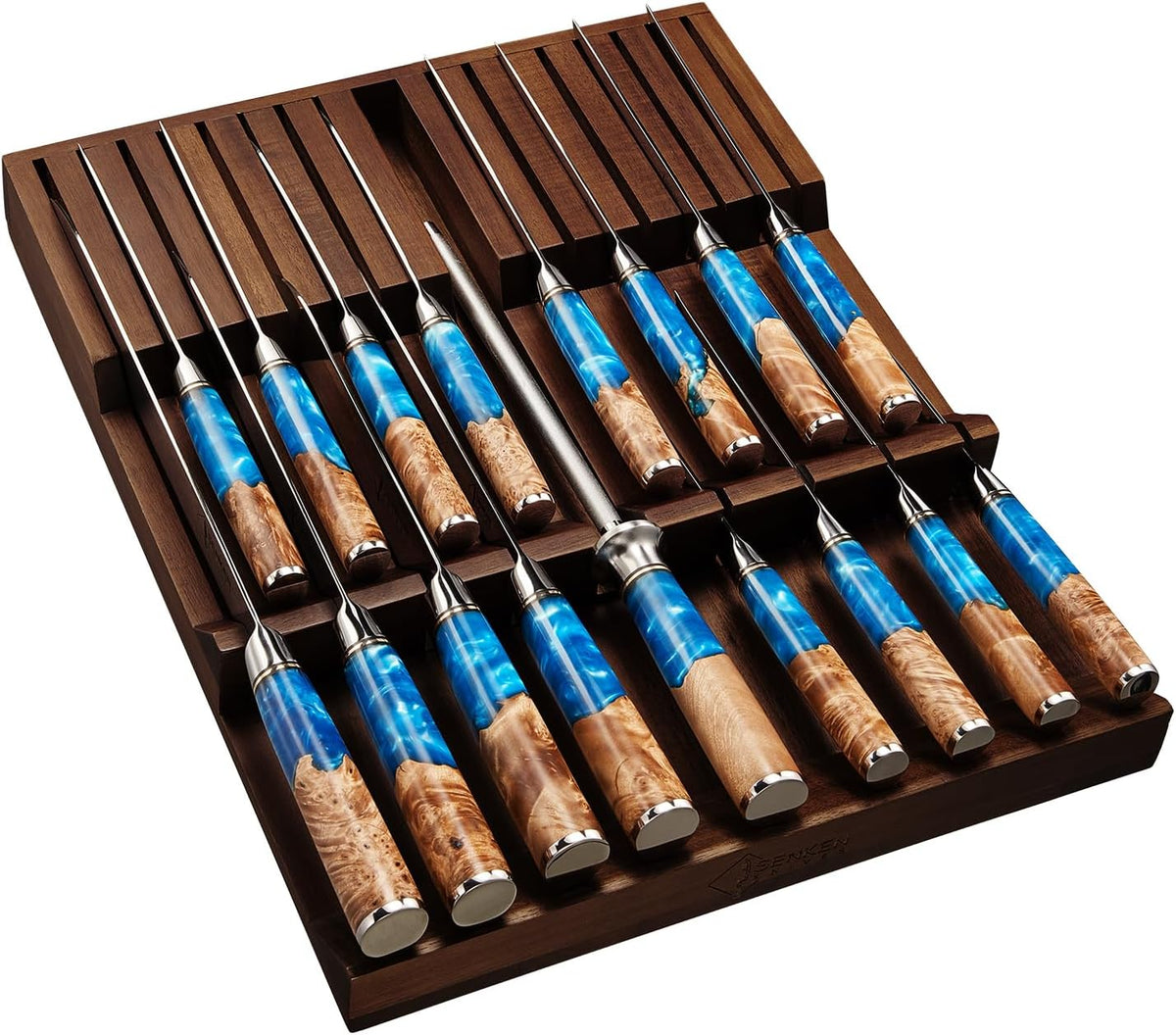 SENKEN In-Drawer Knife Block, Natural Acacia Wood Kitchen Knife Drawer Organizer, Holds 16 Knives + 1 Sharpener Slot for 17 Total Slots, Includes Steak Knife Slots, Space Saving Knife Storage Solution