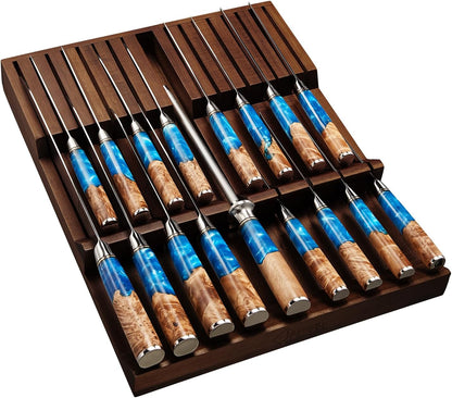 SENKEN In-Drawer Knife Block, Natural Acacia Wood Kitchen Knife Drawer Organizer, Holds 16 Knives + 1 Sharpener Slot for 17 Total Slots, Includes Steak Knife Slots, Space Saving Knife Storage Solution